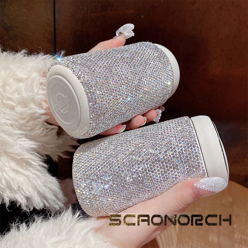 300ml Bling Rhinestones Coffee Cup Car Tumbler Vacuum Flasks Temperature Display Thermos Bottle Stainless Steel Water Bottle