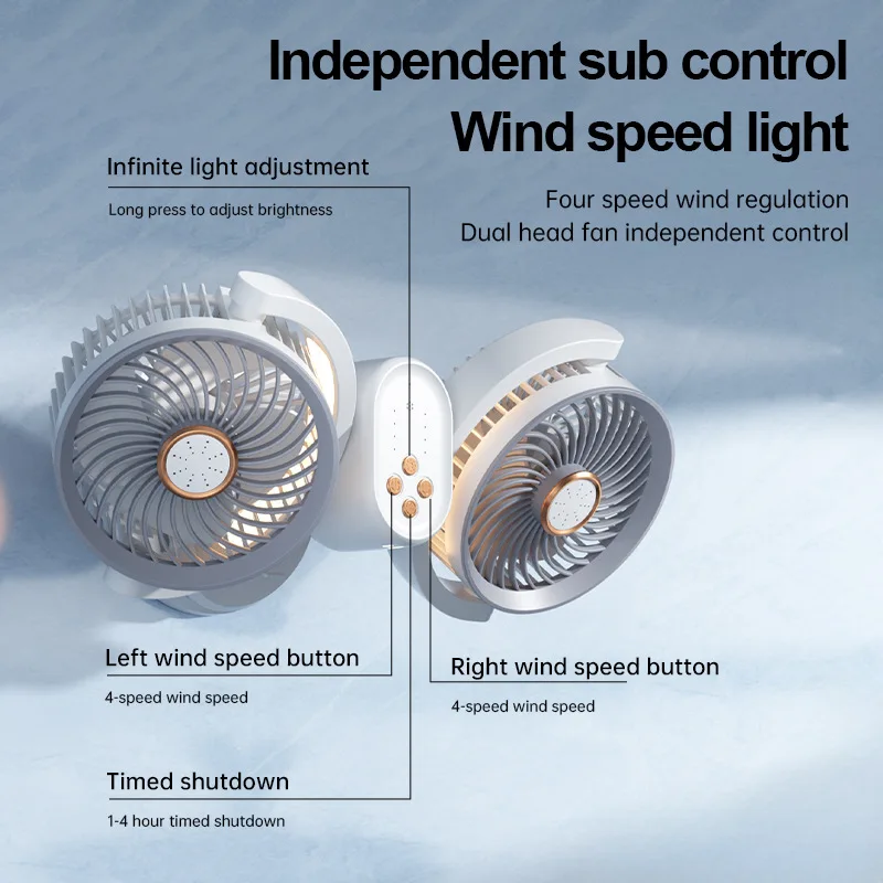 Ventilatore a doppia testa a 4 livelli indipendenti Ventilatore con clip a vento grande Illuminazione Ventilatore elettrico Ventilatori USB circolanti temporizzati verticali da tavolo