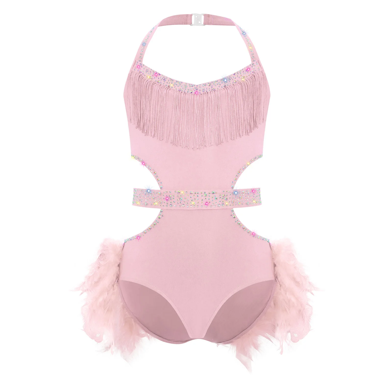 Feather Latin Dance Dress Girl Kids Sleeveless Cutout Skating Ballet Leotard Dresses For Dancing Sparkly Performance Costume