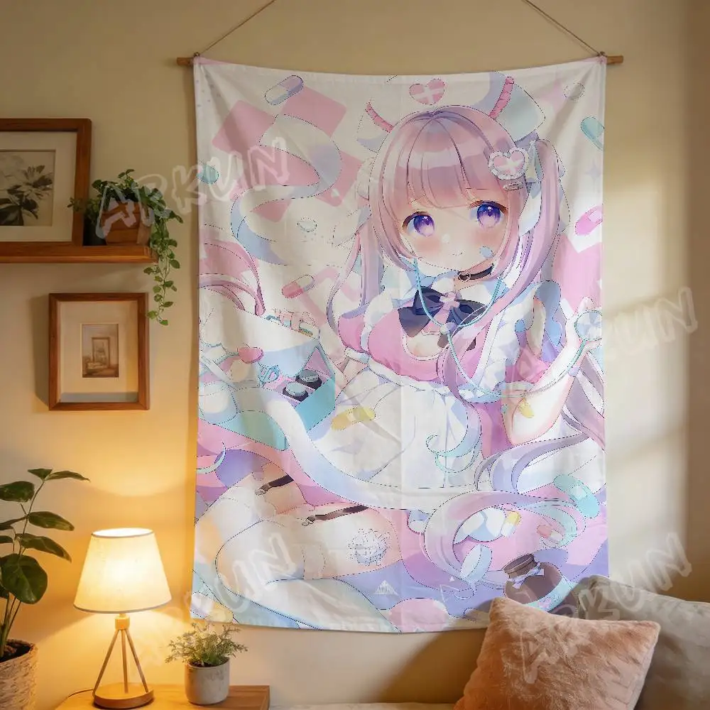 Hot Fashion Kawaii Nurse Anime Girl Tapestry, Pastel Pink Manga Character Home Living Room Tapestry Decor