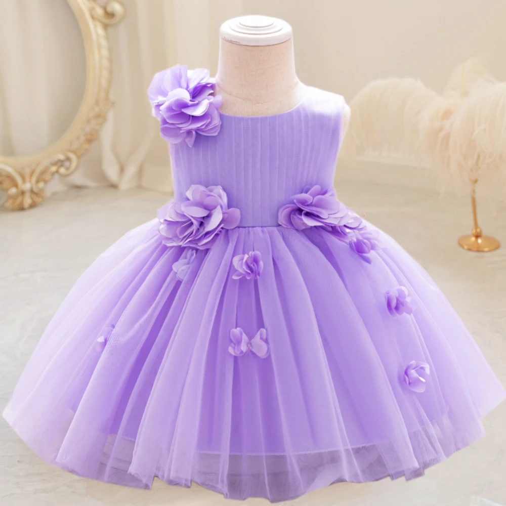 Toddler Girls Party Dress Princess Evening 3D Flower Mesh Tutu Wedding Ball Gown Girl Bow 1st Birthday Prom Summer Dress 1-4 Yrs