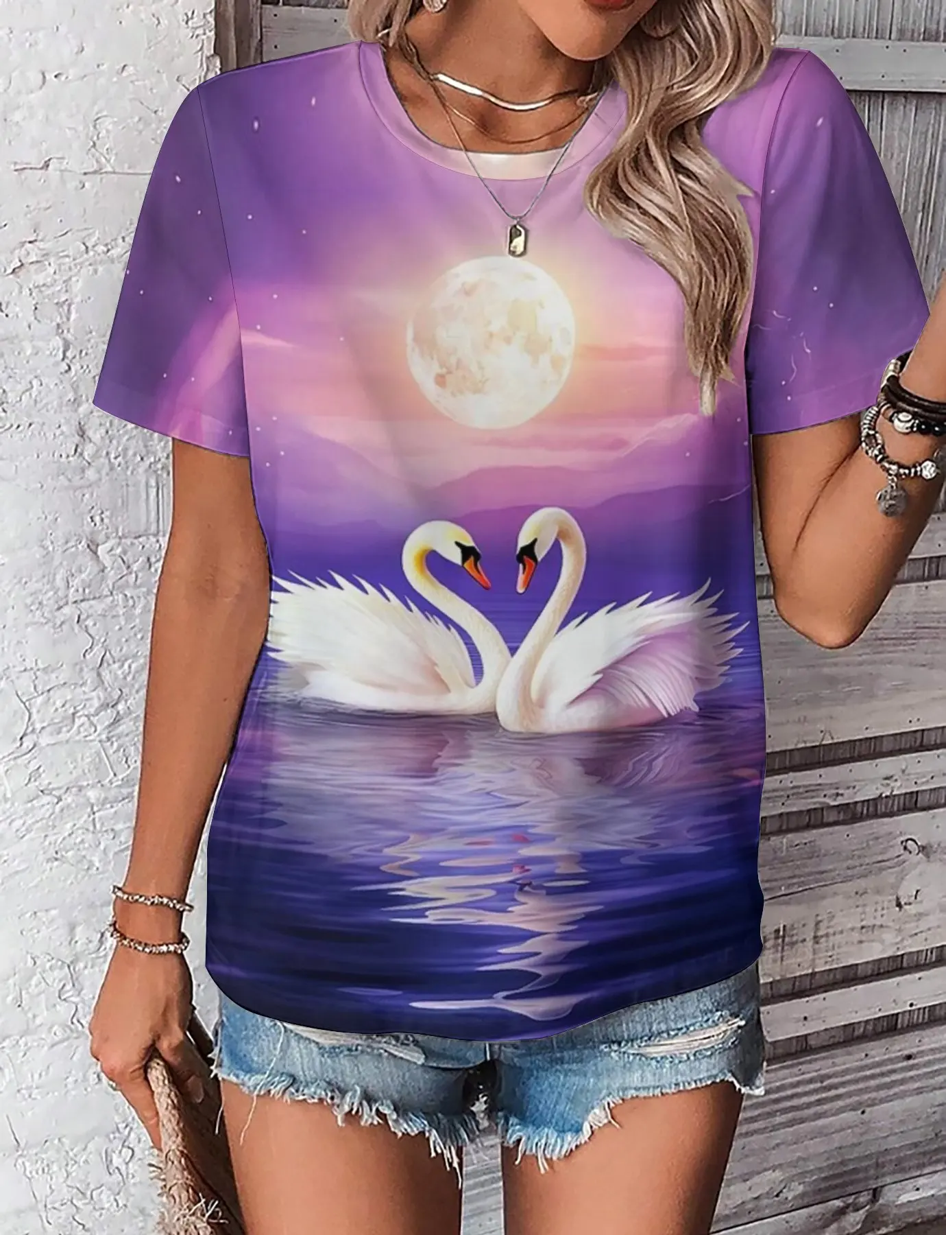 Women's Swan Print Short Sleeve T-shirt Round Neck Fashion Casual Top Spring Summer High Quality Comfortable Street Wear