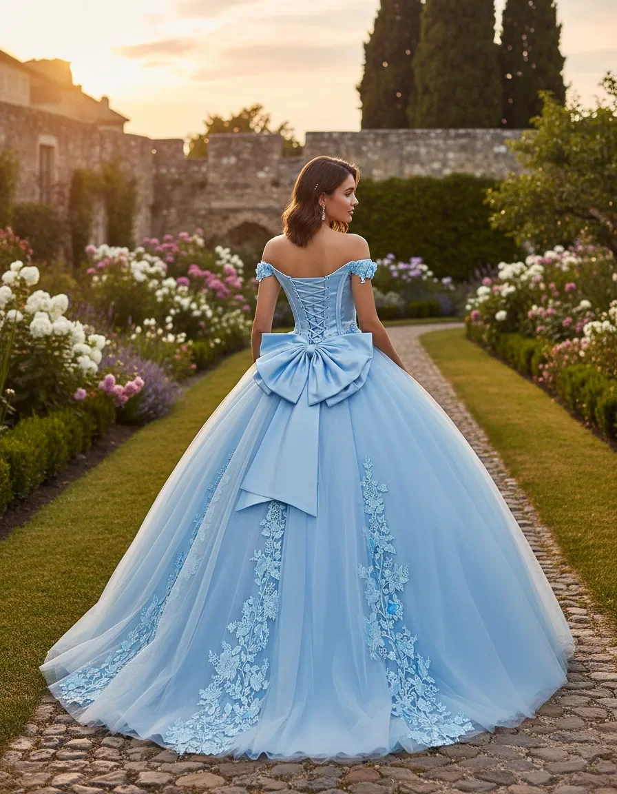 

Women Light Blue Off Shoulder Floral Tulle Ball Gown Quinceanera Graduation Party Stage Contest Wedding Guest Evening Dress