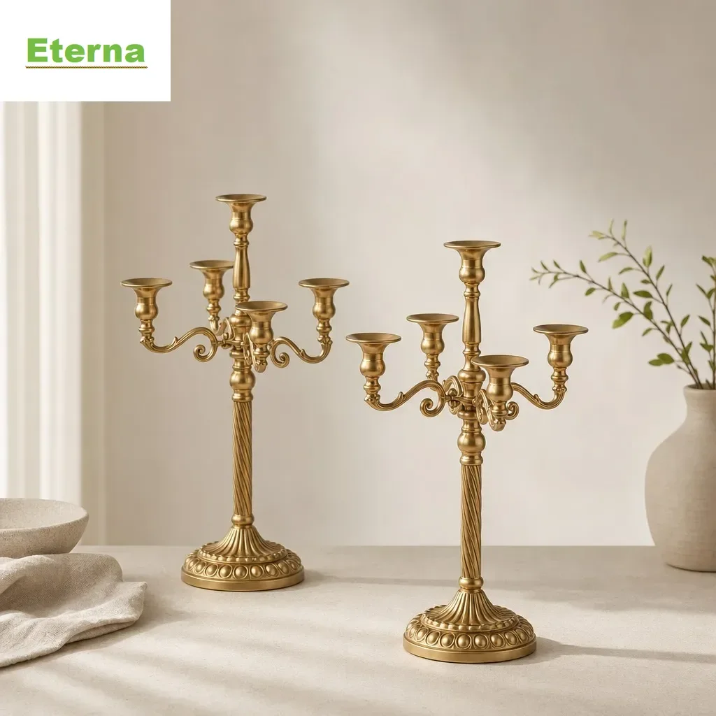 Vintage Gold Candelabra, European Rustic 5-Arm Twisted Metal Candle Holder, Tall Pedestal Centerpiece for Wedding Table Decor