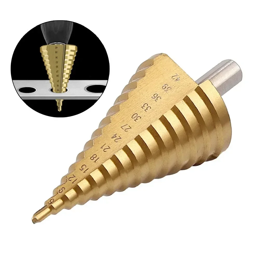 

HSS Step Cone Drill Bit 4-42mm Round Handle Titanium Plated Hole Cutter Spiral Fluted Step Cone Drill Wood Metal Hole Cutter