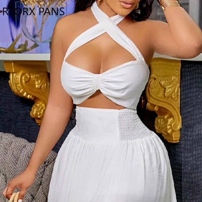 Women Chic Solid Halter Crop Top Sleeveless Criss Cross High Silt Lace Up Wrap Sexy Maxi Skirt Sets