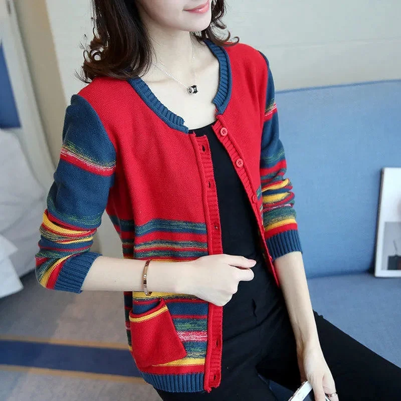 Spring Autumn Women New Korean Edition leisure Contrast Top Female Loose Ethnic Stripe Contrast Knitted Cardigan Sweater Coat