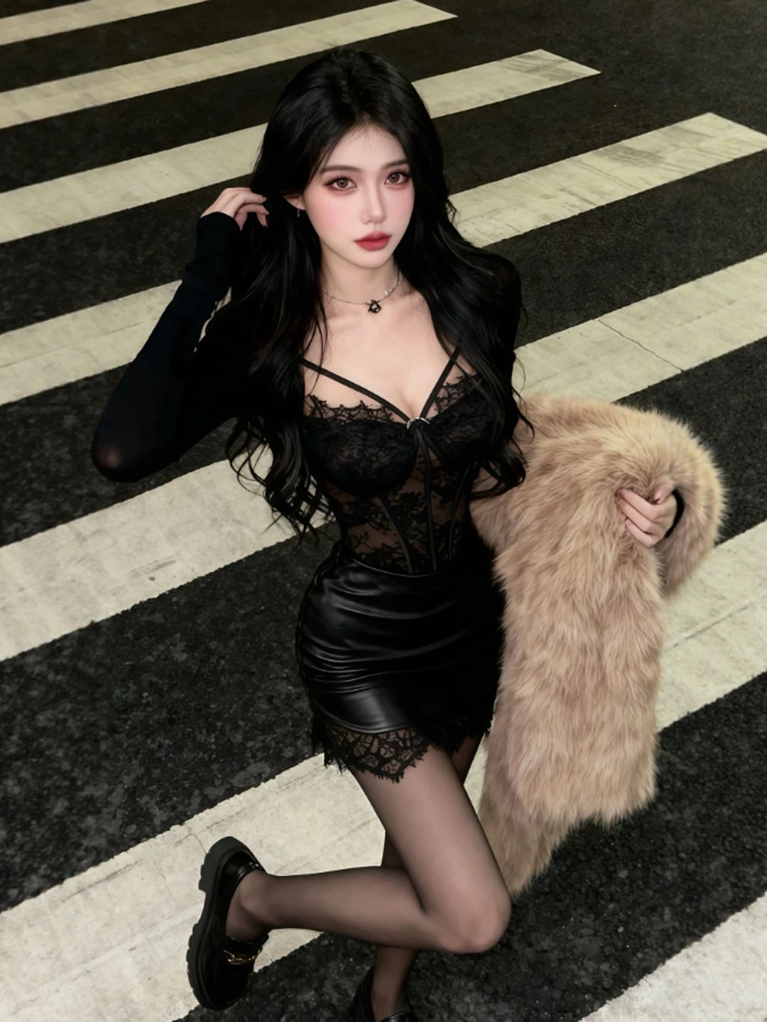 

Sexy Lace Crop Top And High Waist Skirt Two Piece Set Comfortable Warmth mid Stretch V Ne ort Sve Winter Faion