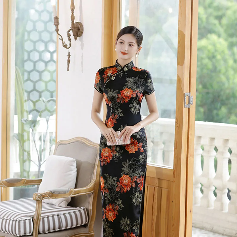 New Summer Short Sleeve Cheongsam Silk Long Dress Slim Chinese Traditional Female Women Qipao M To 5XL