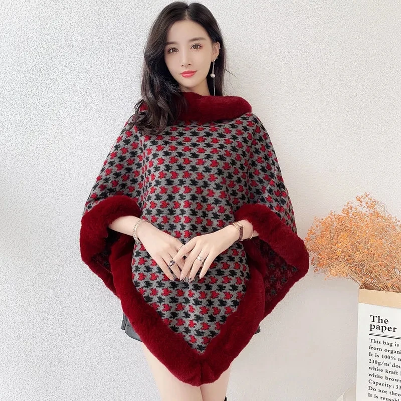 Add Velvet Cloak Shawl Women\'s Short Autumn/Winter Faux Fur Fashion Leopard Print A Style Thicken Warm Pullover Cloak Plaid Coat