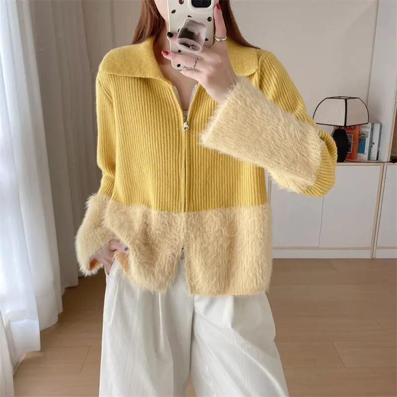 Frauen Kleidung Herbst Winter Einfachheit Alle-spiel Modische Stricken Zipper Einfarbig Frauen Patchwork drehen-unten Kragen Schweiß