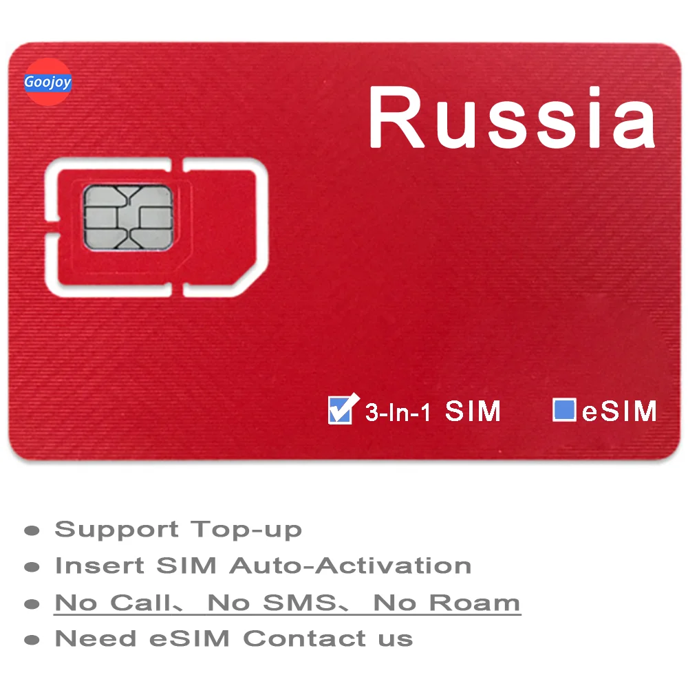 Karta Sim z przodu rosyjskiego; karta Sim danychRU / eSIM; karta Sim Travel Russia; Rosja 4G LTE Unlimited Internet Data Plan Sim.