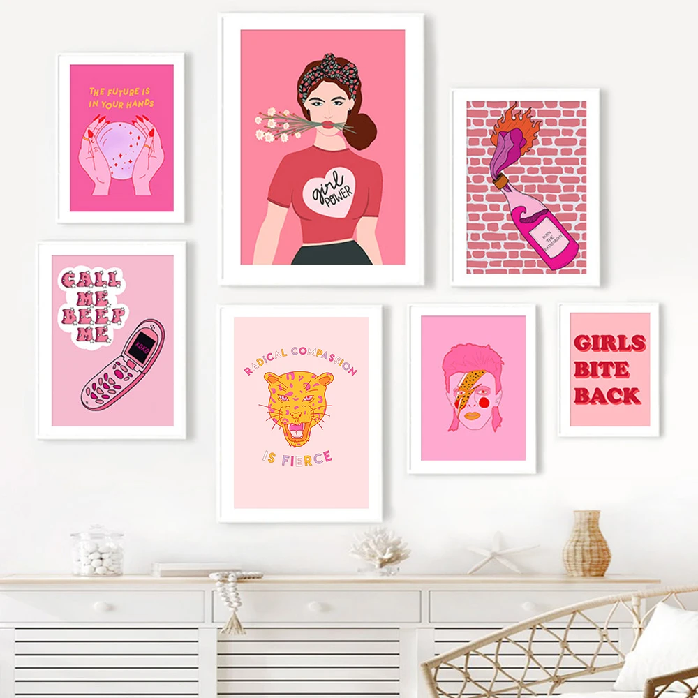 Nordic Poster Picture Funny Fashion Pink Girl Power Wall Art Canvas Print Abstract  Mural Kawaii Living Female Bed Room Decor