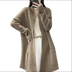 Ailaile Women's Pure Wool Cardigan Pocket Autumn and Winter Thick Wool Coat Long Sleeved Lapel Loose Casual Coat