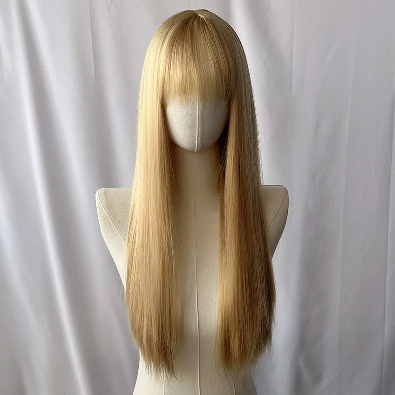 Colored Flat Bangs Long Straight Synthetic Wig for Women