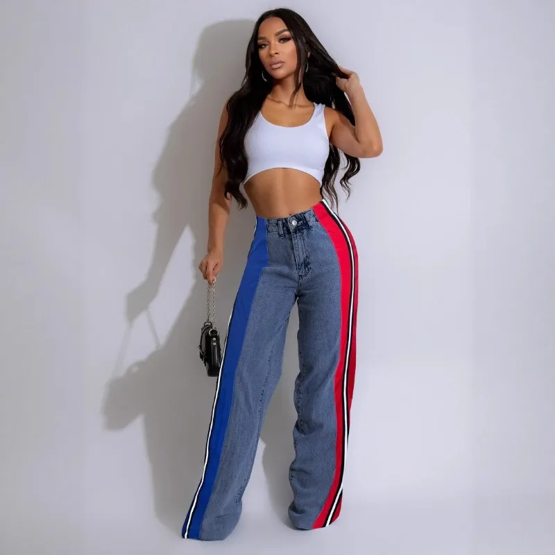 

Striped Color Patchwork Denim Straight Pants Women Fashion Button Fly High Waist Loose Casual Jeans Trousers Streetwear Bottoms