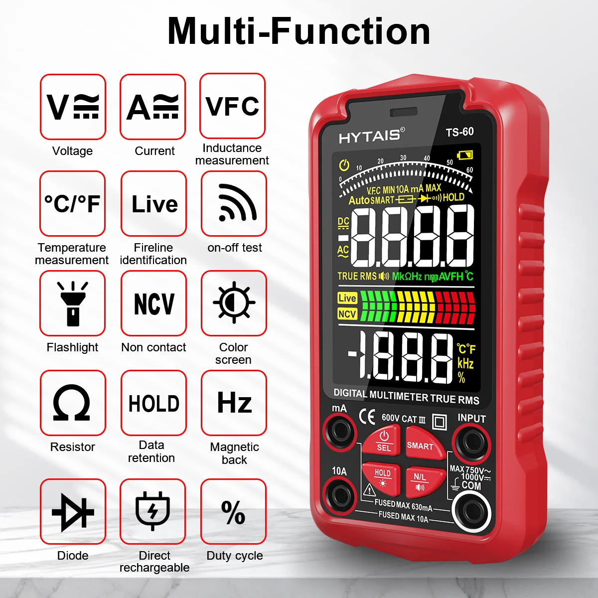 HYTAIS TS-60 Digital Multimeter Professional USB Charging 6000 Count Color Screen Anti-Burning Smart Multimeter for Electricians