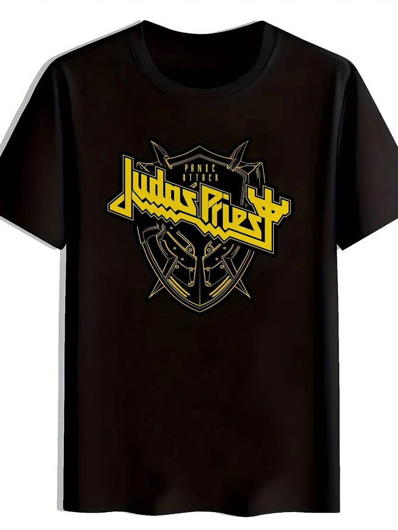 

Women Black Rock Band Graphic T-Shirt Judas Priest Logo Design Short Sleeve Crew Neck Summer Polyester Tee for Fans Oversize Top