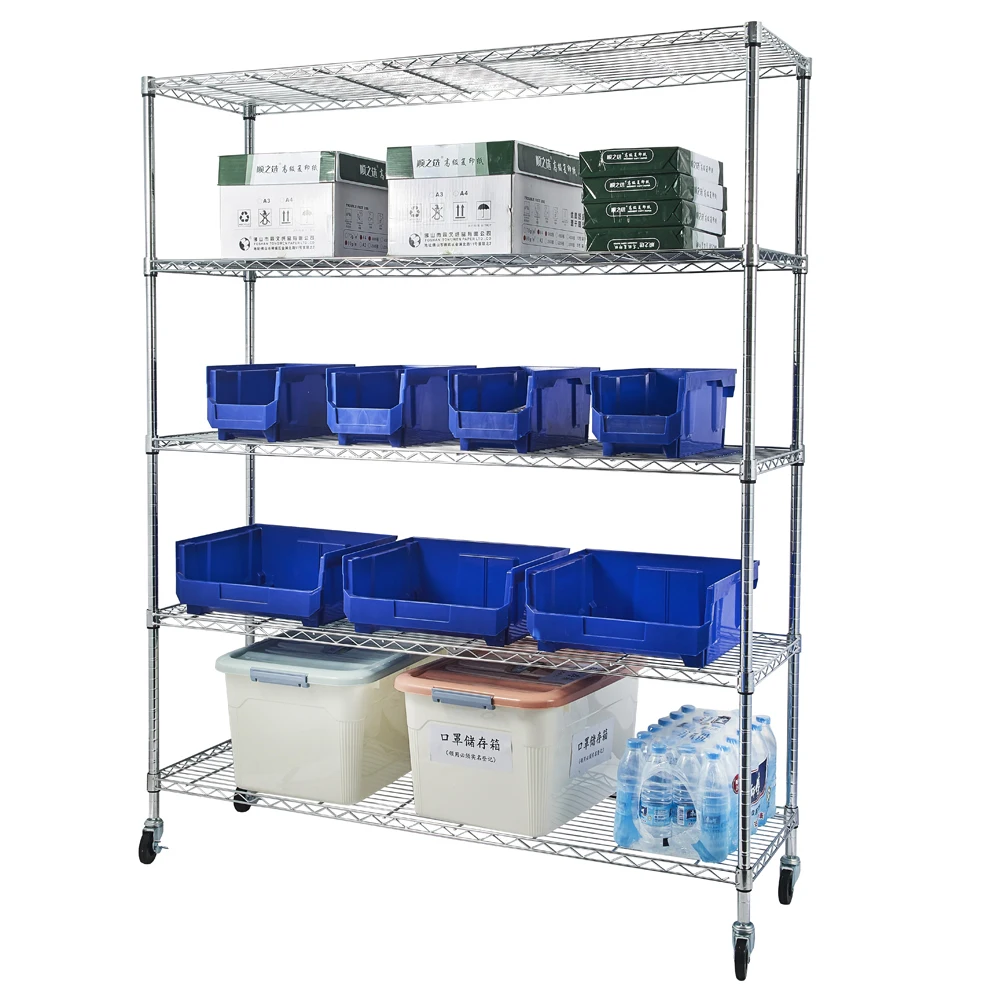 

5-Tier NSF Heavy Duty Adjustable Storage Metal Rack with Wheels & Shelf Liners Ideal for Garage, Kitchen, and More - Chrome