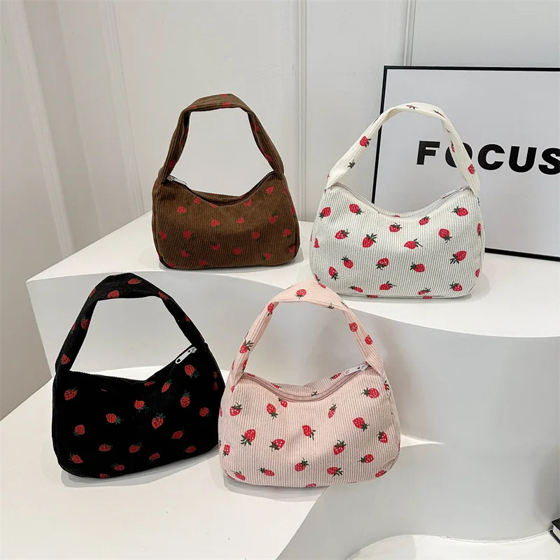 Women Small Corduroy Handbag Cute Strawberry Print Little Tote Underarm Bag Half Moon Design Eco Cloth Purse Mini Shoulder Bags