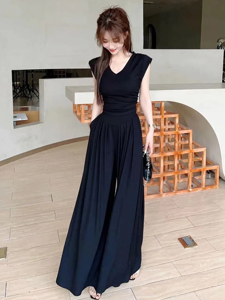 2024 Summer Fashion Suit Women\'s V-neck T Shirts Short Top High Waist Wide Leg Pants Casual Two-Piece Set