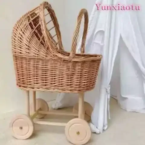 Handwoven Wicker Bassinet Stroller Multi-Functional Storage Basket for Pets Infants Boho Chic Nursery Decor