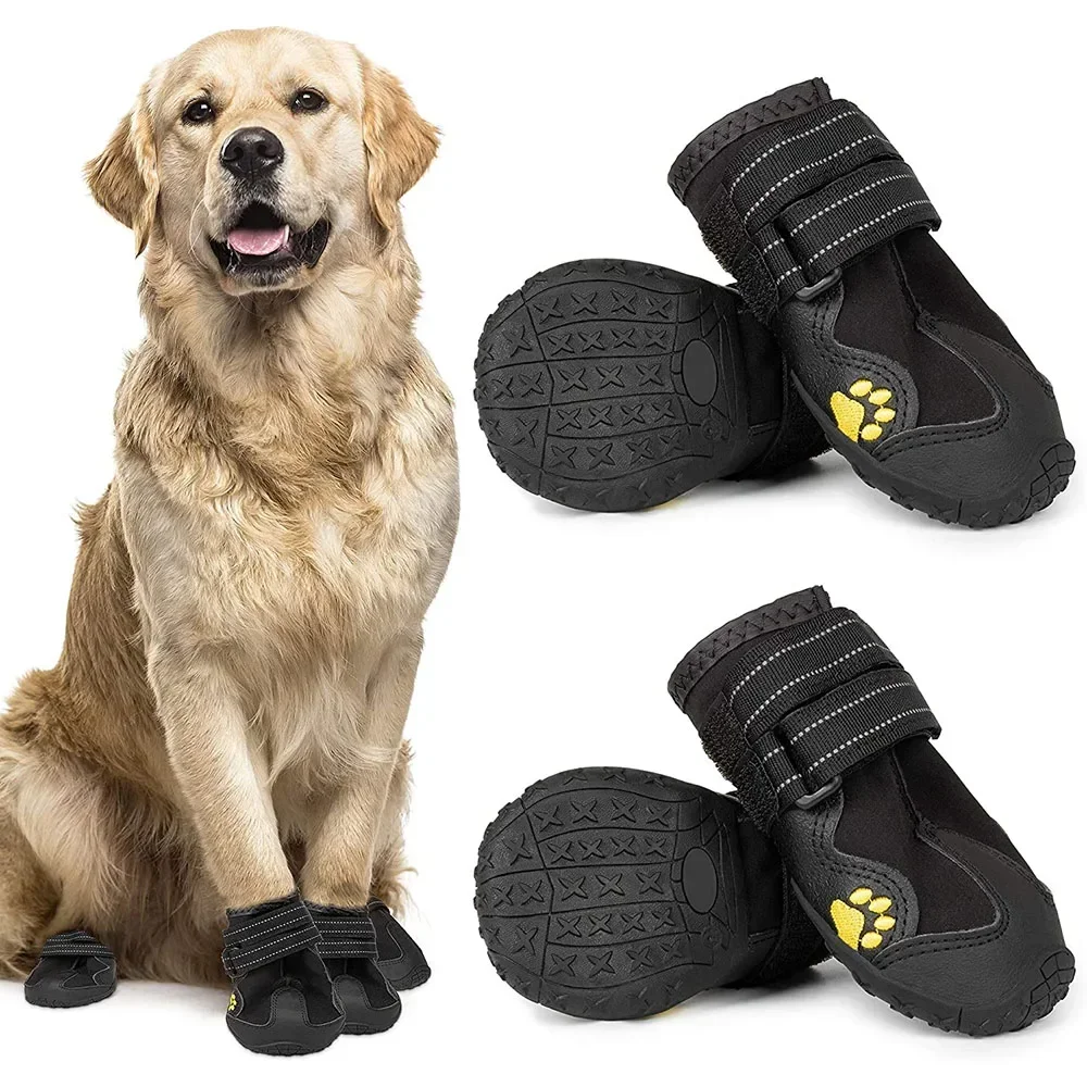 4pcs/set Pet Dog Shoes Reflective Waterproof Dog Boots Warm Snow Rain Pet Booties Anti-slip Socks Footwear For Medium Large Dogs