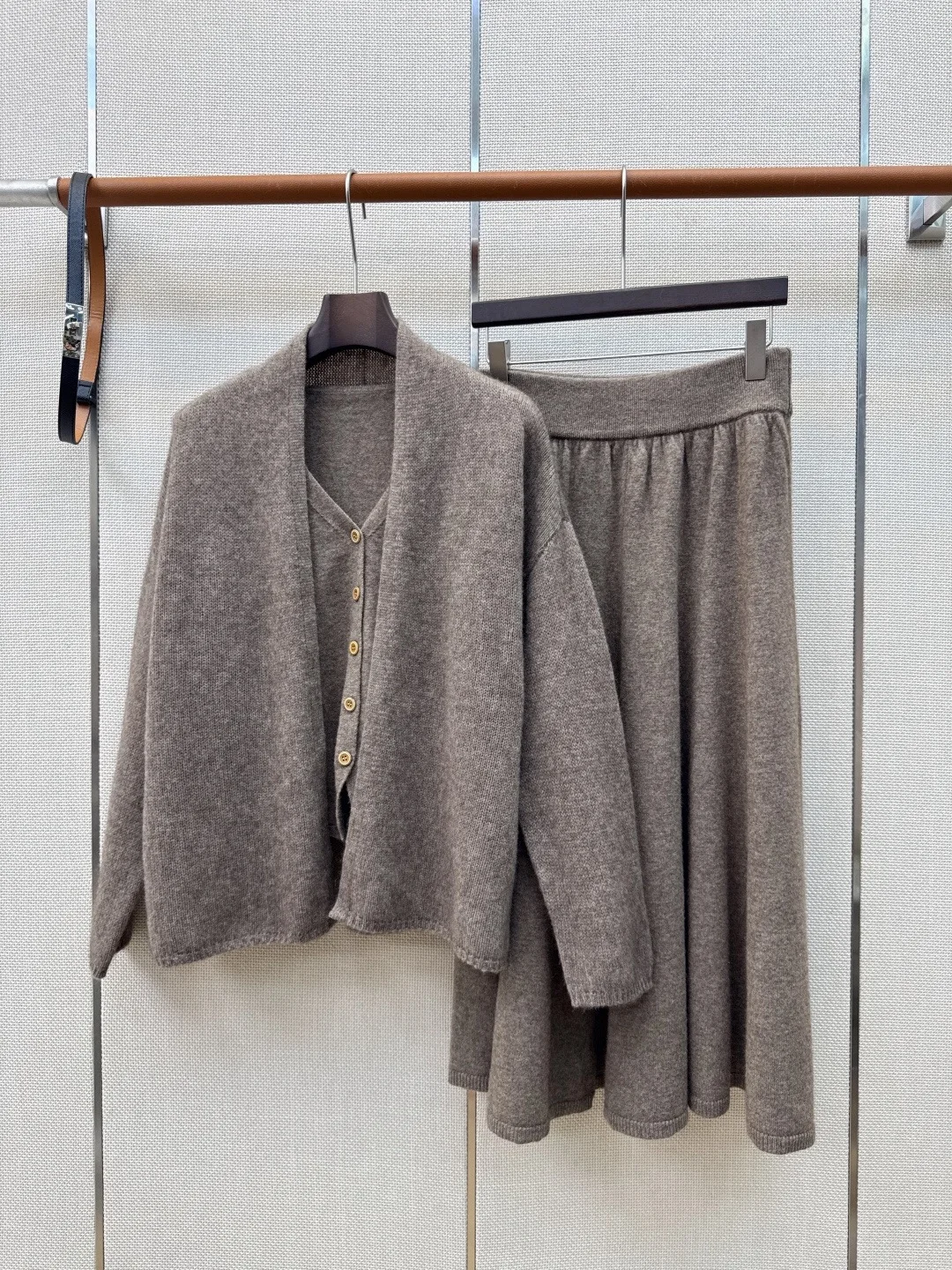 . Women New Autumn Winter Lazy Style Wool Matching Set, Loose V-neck Cardigan + Sleeveless Vest + Elastic Waist Umbrella Midi Sk