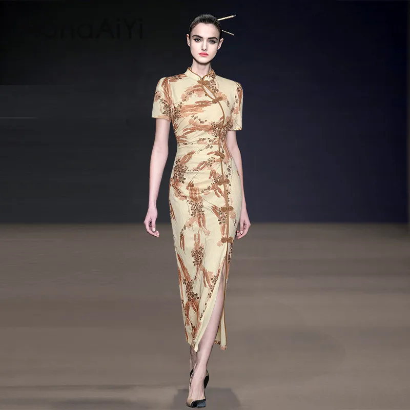 

MonaAiYi Fashion Designer spring Summer Women's Stand Collar Button Pretty Slim-Fit Hip Wrap Split Chinese Style Dresses