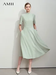 Amii Minimalist 2025 Autumn New Short Sleeved Solid Elegant Commuter Stand Up Collar Splicing Waist Dress Drape Skirt 12541006