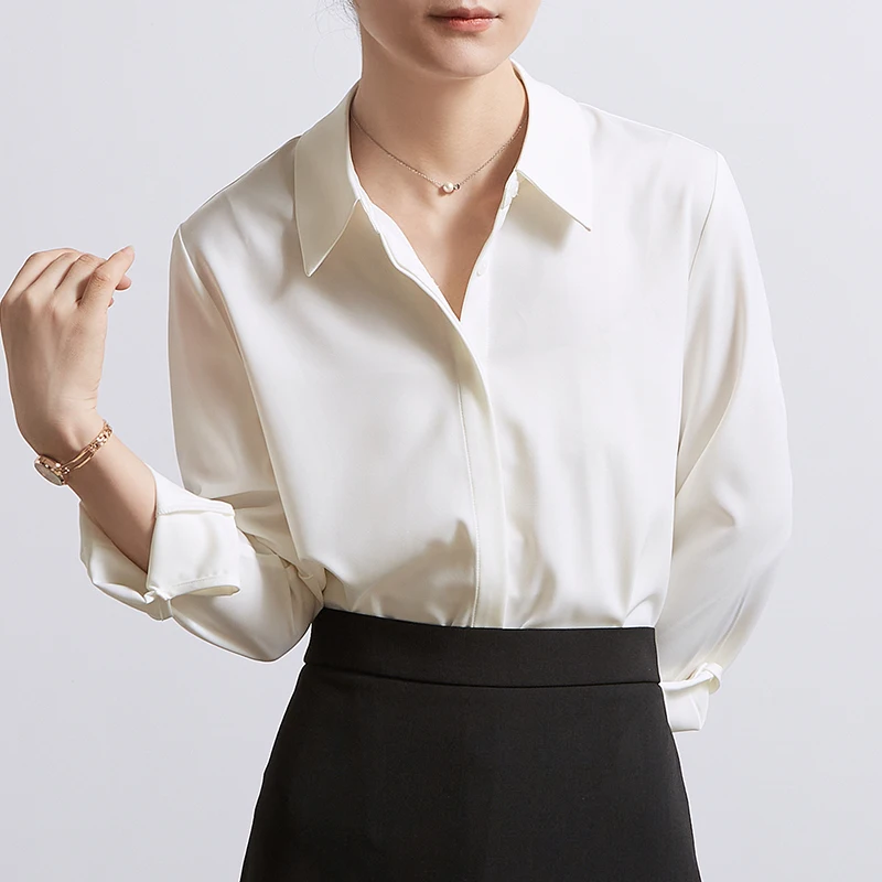

CHICBS Women's Long Sve Satin irt Commute Sle Ele Drapey Button up Office Interview irt in White for Autumn
