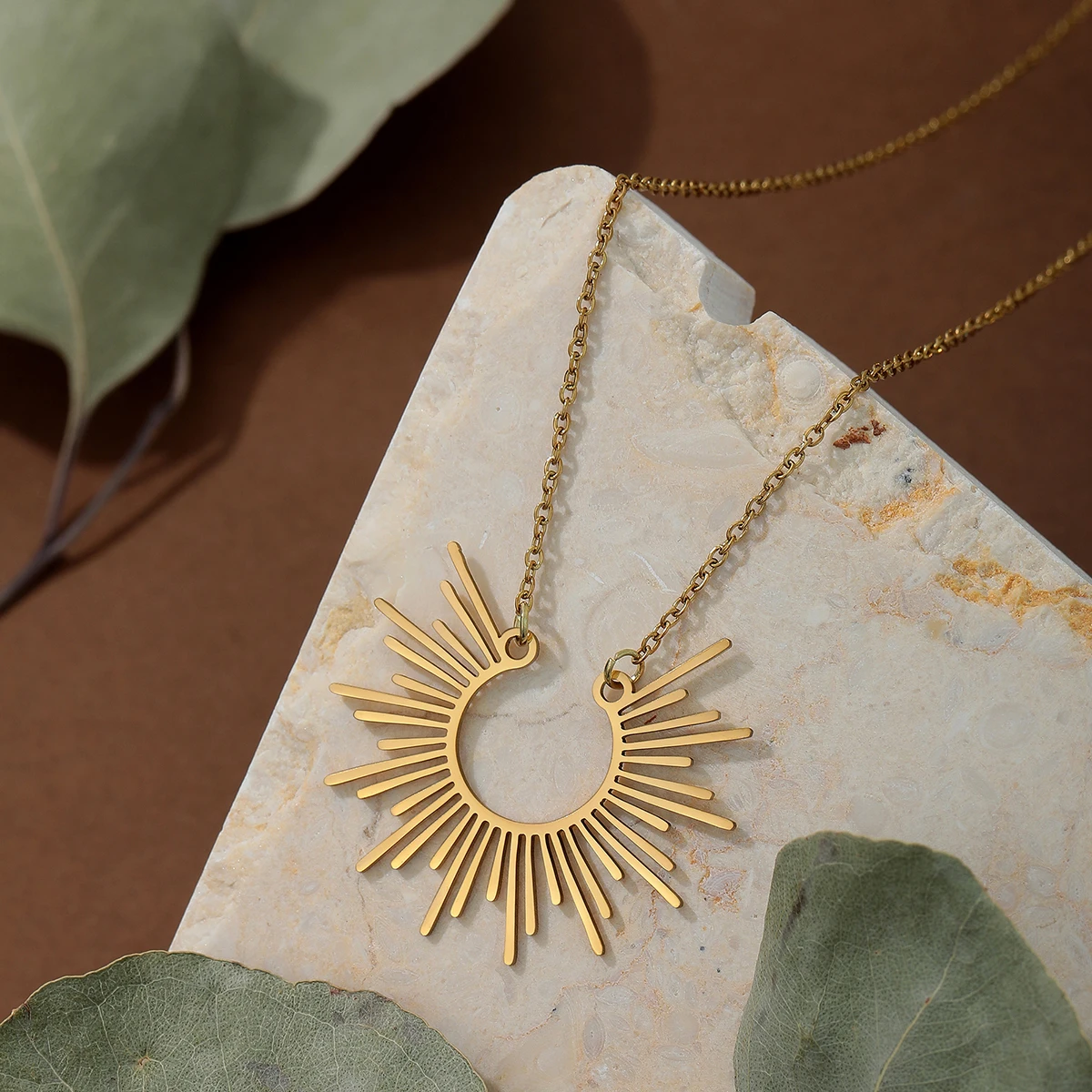 CHENGXUN Sunburst Necklace Half Sunbeam Pendant Necklace Sunshine Dainty Celestial Necklace for Women