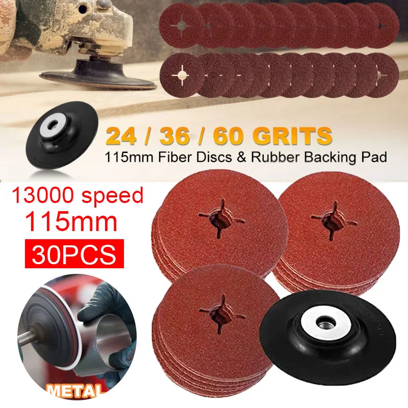 

24# 36# 60# 30PCS Polishing Grinding Sheet 115mm Angle Grinder Rubber Pad Cross Hole Steel Paper Sandpaper Grinding Disc Set