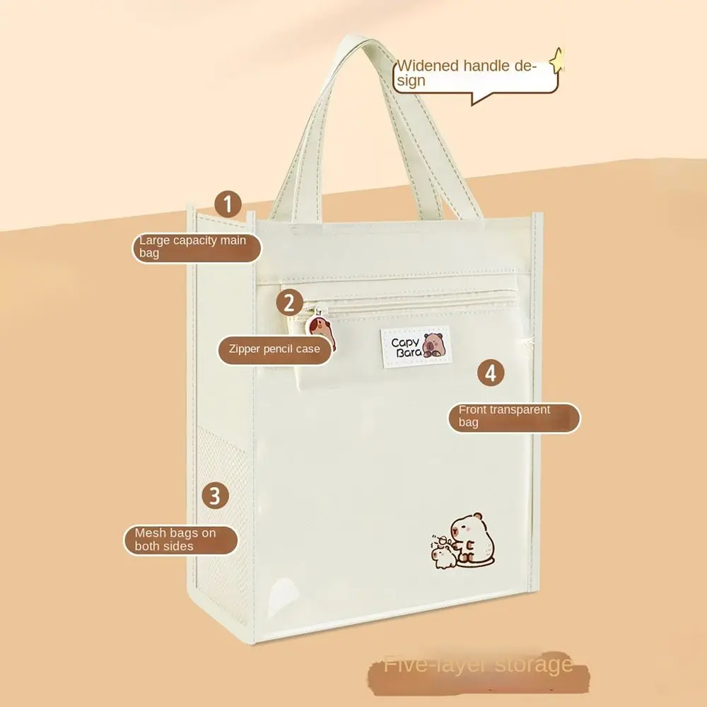 Side Mesh Pocket Tote School Bag Capybara Panda Large Capacity A4 File Bag Partition Storage with Pencil Bag Tutorial Bag