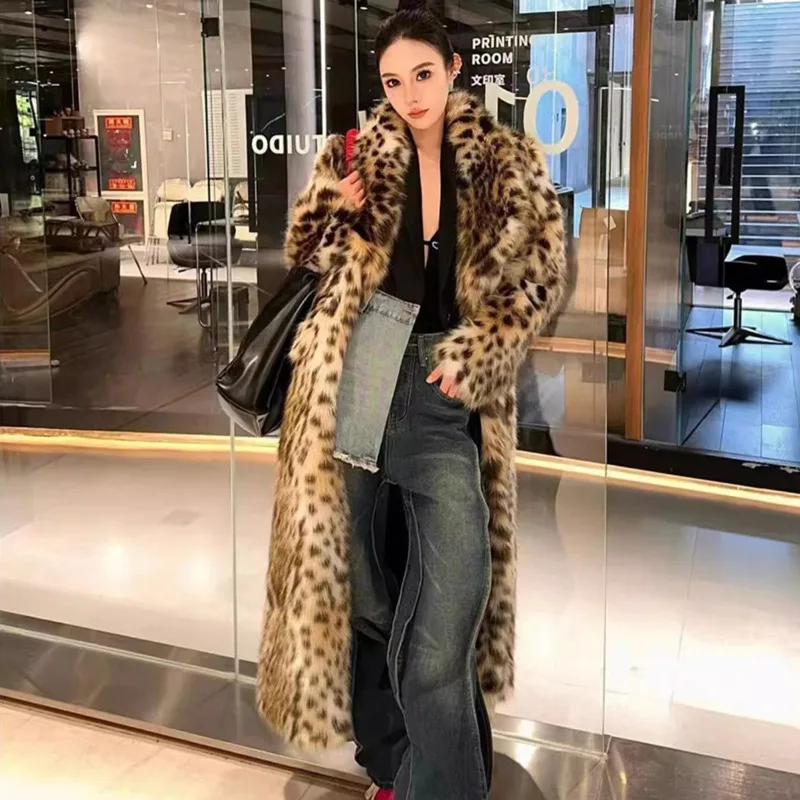 Luxury Vintage Harajuku Leopard Print Long Faux Fur Coat Women's Warm Winter Fur Trench Coat Thick Lapel Trendy Long Jacket Chic