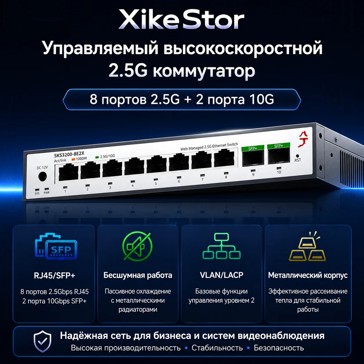 XikeStor 8-Port 2.5G RJ45 + 2×10G SFP+ Web L2 Managed Switch LACP VLAN Fanless Metal NAS Network Ethernet Switch SKS3200-8E2X