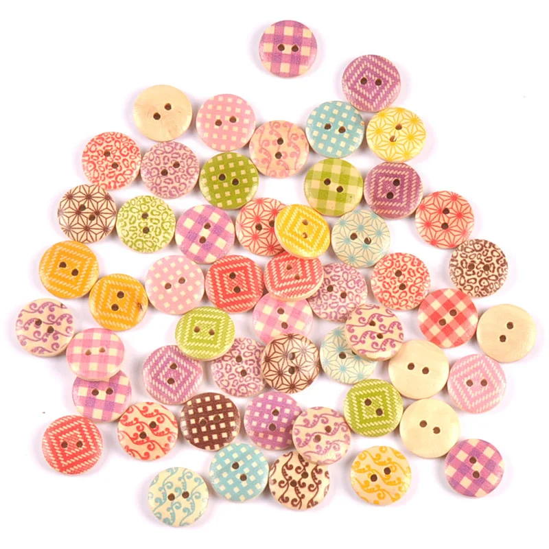 50pcs 1.8cm Geometric Grid Patterns with Two Hole Wooden round Buttons Handmade DIY Sewing for Clothing Decoration