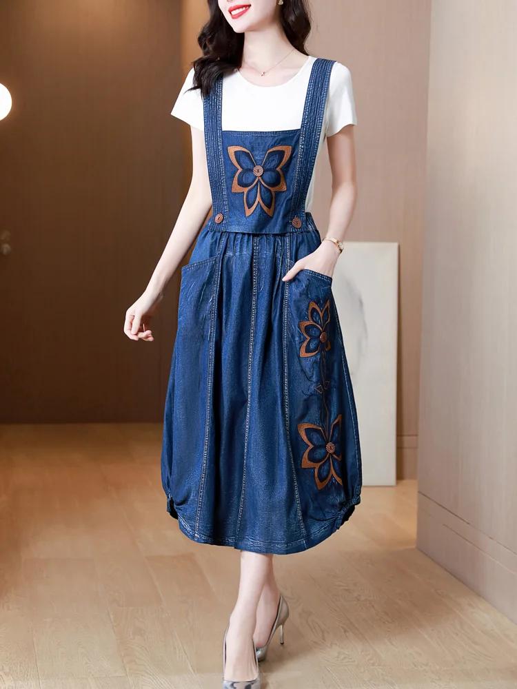 

TIYIHAILEY Free Shipping Women Long Mid-Calf Sleeveless Denim Summer Dresses S-XL Chinese Style Embroidery Detachable Two-piece