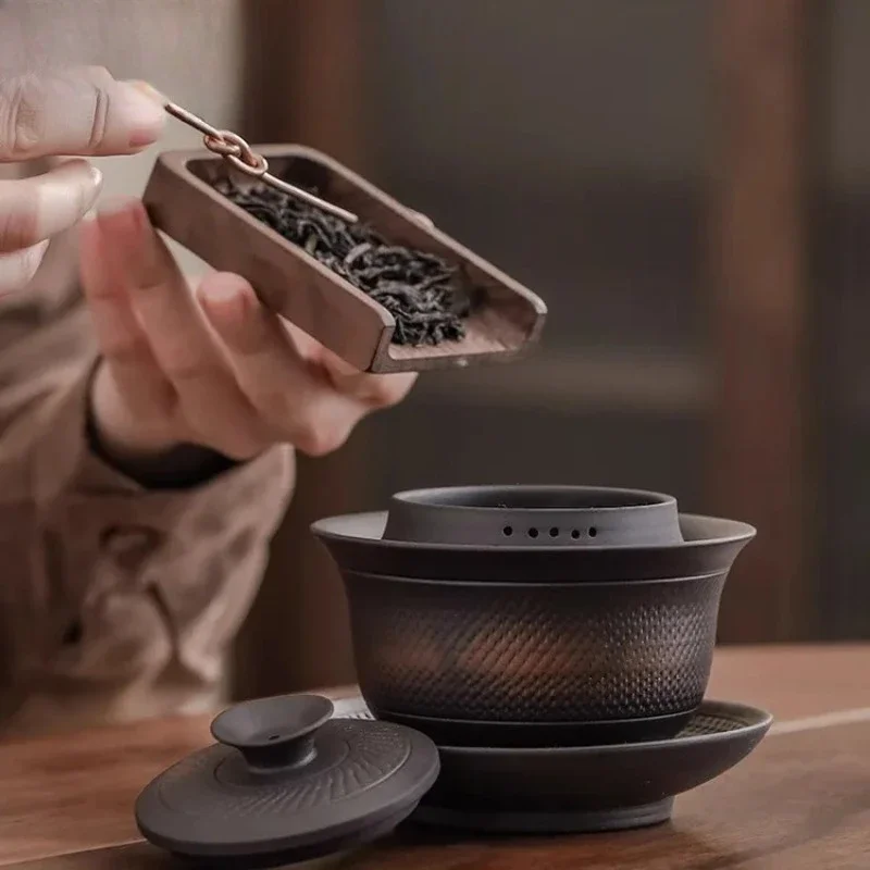 180ml Purple Pottery Jump Knife Gaiwan Japanese Tea Tureen Household Bowl Tea with Lid Kit Making Cover Bowl Cafe Collection