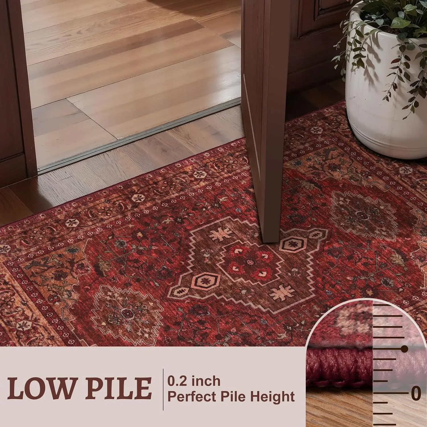 Polypropylene Area Rug, Vintage Boho Oriental Print Floor Carpet For Living Room Dining Area And Bedroom, Durable Washable Large Indoor Mat, Dark Red Single Pack - view 5