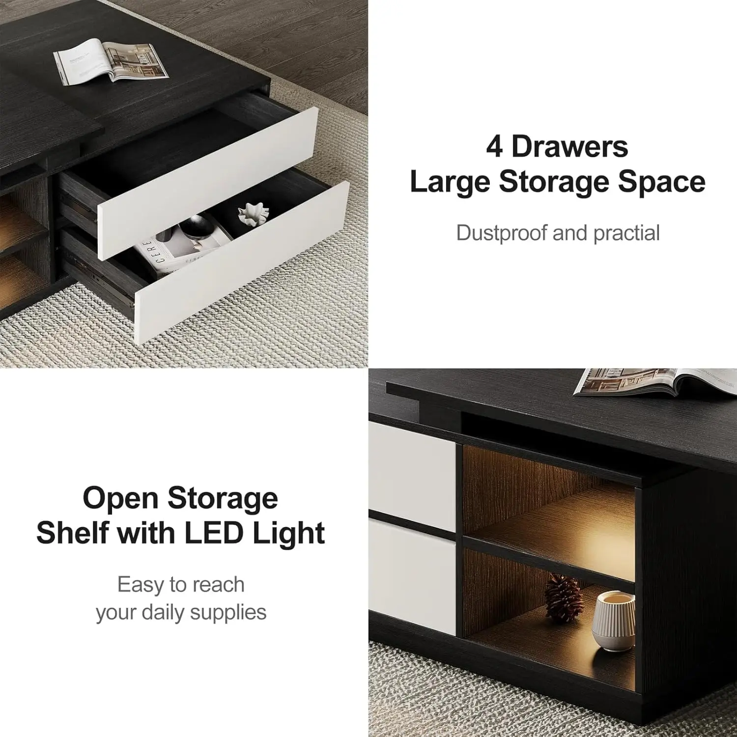 Modern LED Lighted Storage Coffee Table, Light Grey/Off White Wood Grain Finish Coffee Table With 2 Drawers, Storage Drawer And