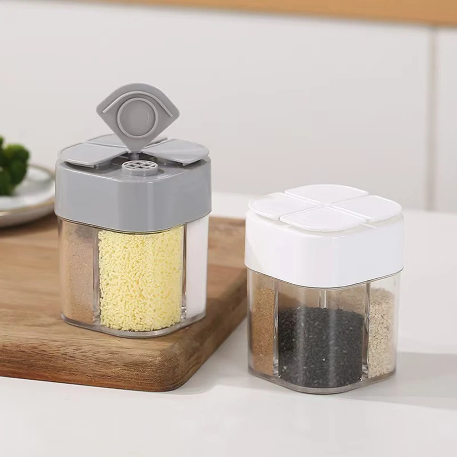 

4-in-1 Plastic Transparent Salt Pepper Shaker Spice Dispenser 4 Compartment BBQ Camping Seasoning Jar with Lids for Cooking
