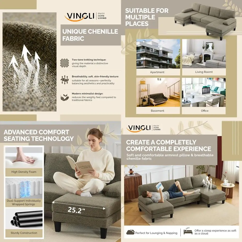 

Khaki 110 U-Shaped Sectional Sofa with Chaise Lounge, Comfortable 4-Seat Living Room Furniture