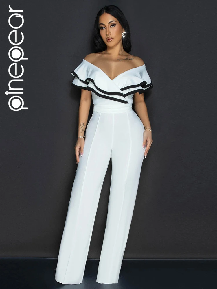 PinePear Sexy Off the Shoulder White Jumpsuit Women 2025 Fall Winter Fashion Elegant Ruffles High Waist Wide Leg Pants Jumpsuits