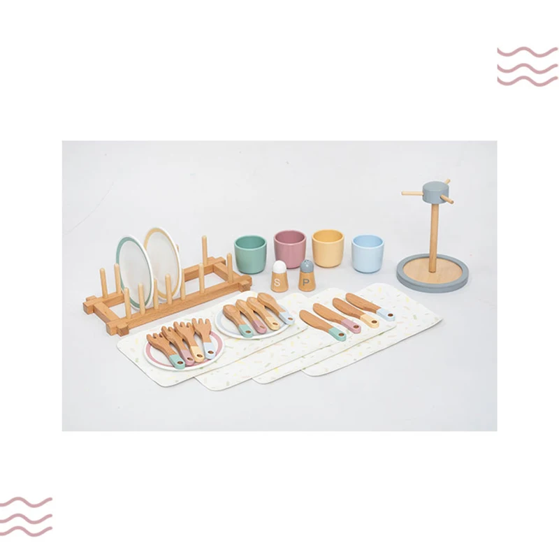 [2 opzioni disponibili] Set da cucina in legno per bambini con set di stoviglie e coltelli - Giocattolo da cucina educativo interattivo