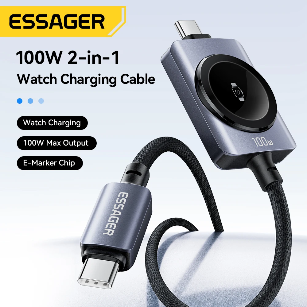 Kabel do ładowania zegarka Essager 2 w 1 do iPhone 17 16 Huawei Xiaomi Szybka ładowarka do zegarka Apple Watch Kabel do szybkiego ładowania 100W — zdjęcie produktu 3
