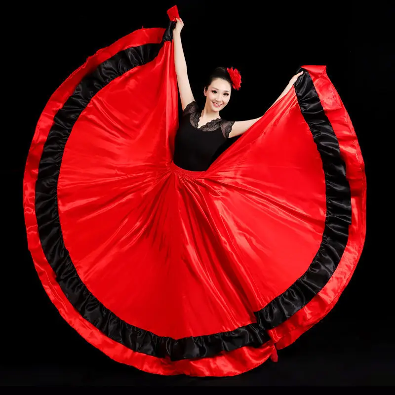 Nieuwe Mode Meisje Vrouwen Spaanse Flamencorok Satijnen Zijde Grote Swing Buikdansende Rode Rok Teamprestaties 85- 100Cm Extra Lang