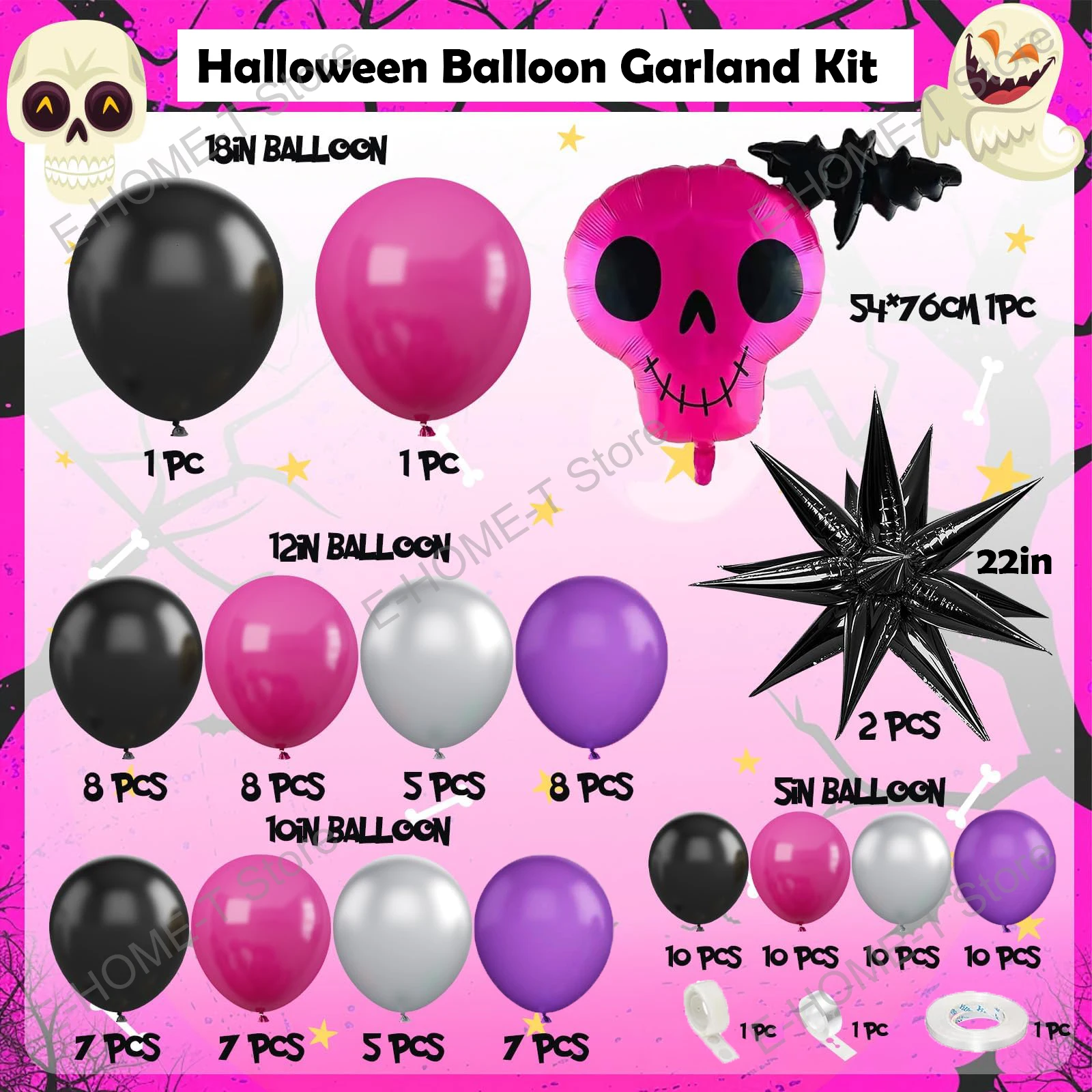 Black Hot Pink Halloween Balloon Arch Garland Kit Skeleton Starburst Balloons for Birthday Halloween Theme Party Decoration