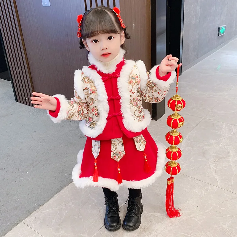 Winter Quilted Hanfu Dress Children Clothing Child Kids Carnival Cosplay Costume Chinese Ancient Hanfu Girls Red Suits New Year