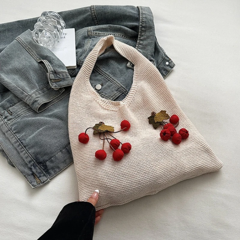 

New Lazy Wind Shoulder Bag Female Cute Cherry Vacation Leisure Large Capacity Slack Underarm Shopping Storage Bag